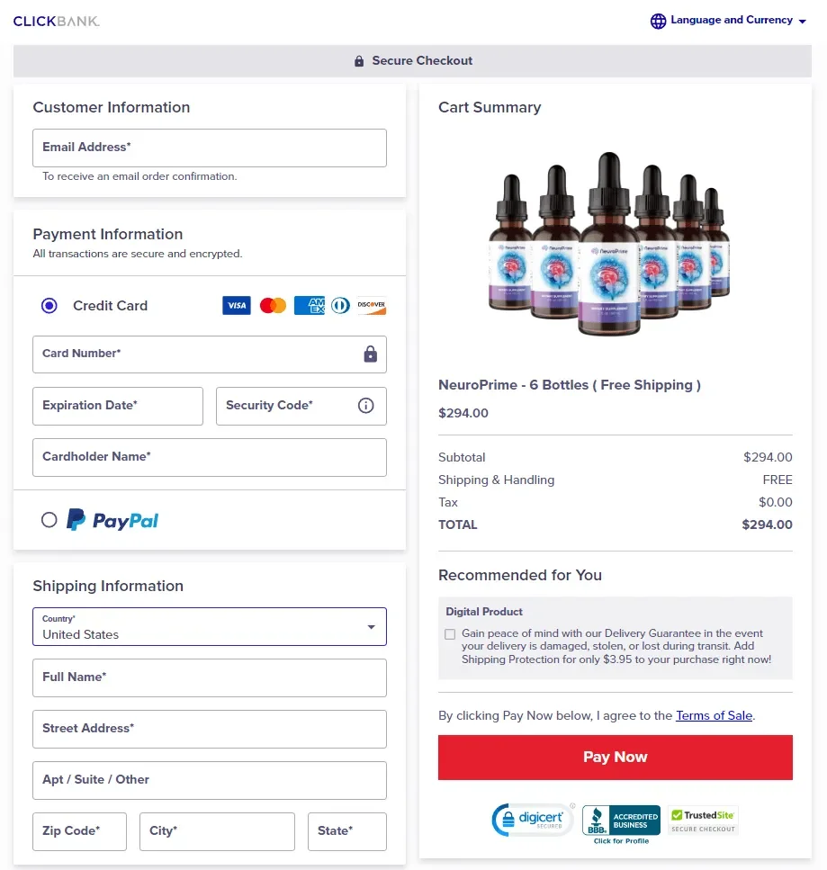 NeuroPrime secure ClickBank checkout page